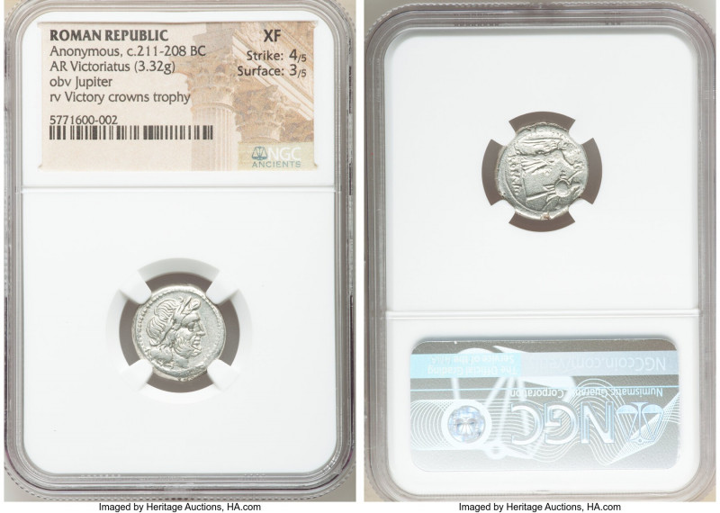 Anonymous. Ca. 211-208 BC. AR victoriatus (17mm, 3.32 gm, 9h). NGC XF 4/5 - 3/5....