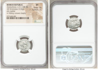 Anonymous. Ca. 211-208 BC. AR victoriatus (17mm, 3.32 gm, 9h). NGC XF 4/5 - 3/5. Rome. Laureate head of Jupiter right, dotted border / ROMA, Victory s...
