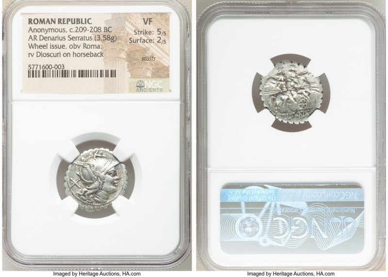 Anonymous. Ca. 209-208 BC. AR denarius serratus (20mm, 3.58 gm, 6h). NGC VF 5/5 ...