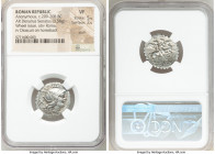 Anonymous. Ca. 209-208 BC. AR denarius serratus (20mm, 3.58 gm, 6h). NGC VF 5/5 - 2/5, scuffs. Sicily. Head of Roma right, wearing winged helmet decor...