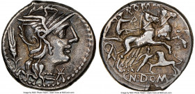 Cn. Domitius Ahenobarbus (ca. 128 BC). AR denarius (18mm, 3.85 gm, 7h). NGC Choice VF 5/5 - 3/5, edge chip. Rome. Helmeted head of Roma right, grain e...