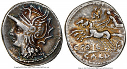 C. Coelius Caldus (ca. 104 BC). AR denarius (19mm, 3.83 gm, 7h). NGC VF 5/5 - 3/5, marks, brushed. Rome. Helmeted head of Roma left; dotted border / V...