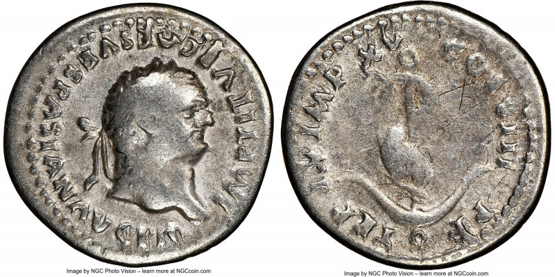 Titus (AD 79-81). AR denarius (19mm, 5h). NGC Fine, graffiti. Rome, AD 80. IMP T...