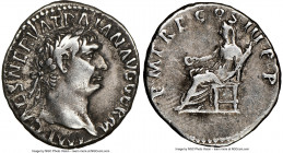 Trajan (AD 98-117). AR denarius (18mm, 7h). NGC VF. Rome, AD 100. IMP CAES NERVA TRAIAN AVG GERM, laureate head of Trajan right / P M TR P COS III P P...