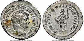 Caracalla (AD 198-217). AR denarius (21mm, 3.38 gm, 6h). NGC Choice AU 5/5 - 3/5, brushed. Rome, AD 215. ANTONINVS PIVS AVG GERM, laureate head of Car...
