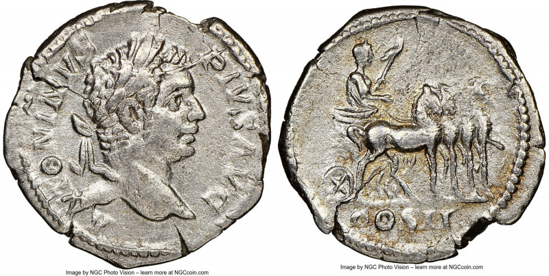 Caracalla (AD 198-217). AR denarius (19mm, 3.13 gm, 7h). NGC XF 5/5 - 2/5, brush...