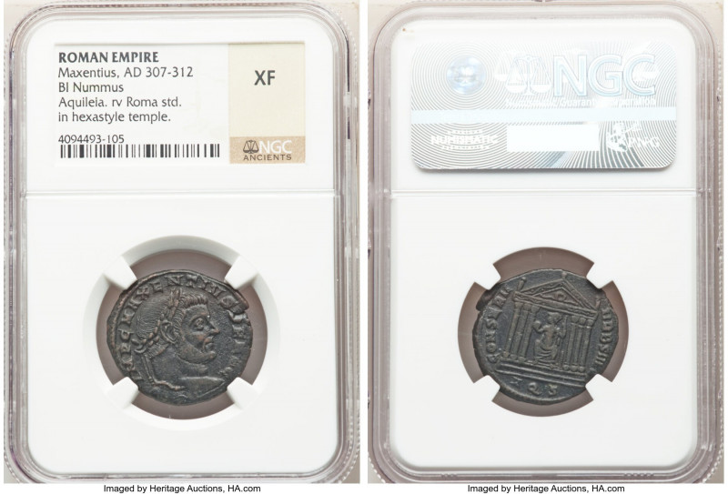 Maxentius (AD 307-312). BI follis or nummus (25mm, 1h). NGC XF. Aquileia, 2nd of...