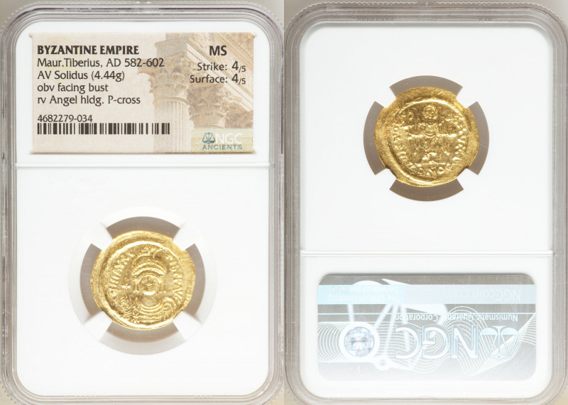 Maurice Tiberius (AD 582-602). AV solidus (22mm, 4.44 gm, 6h). NGC MS 4/5 - 4/5....