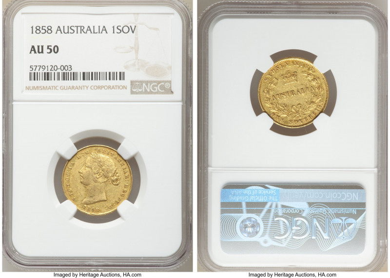 Victoria gold Sovereign 1858-SYDNEY AU50 NGC, Sydney mint, KM4. AGW 0.2353 oz. ...