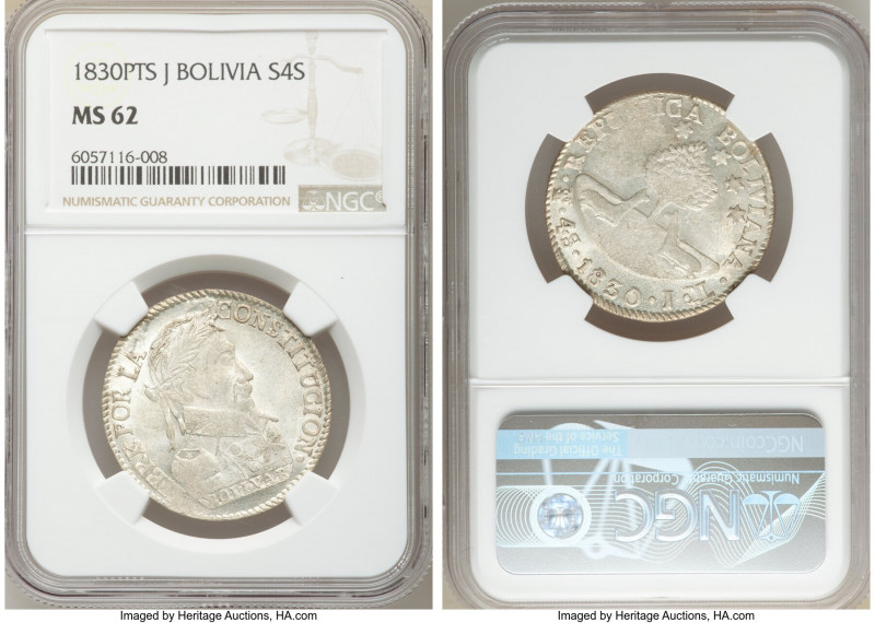 Republic 4 Soles 1830 PTS-J MS62 NGC, Potosi mint, KM-96a.1. Lustrous with taupe...