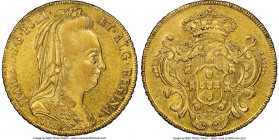 Maria I gold 6400 Reis 1787/6-R AU55 NGC, Rio de Janeiro mint, KM218.1. Bold and visible overdate. AGW 0.4229 oz. 

HID09801242017

© 2020 Heritag...