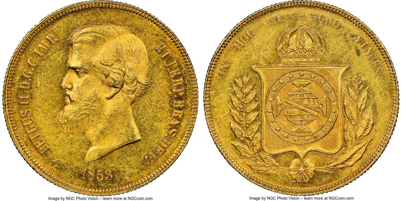 Pedro II gold 20000 Reis 1853 MS61 NGC, Rio de Janeiro mint, KM468. First year o...