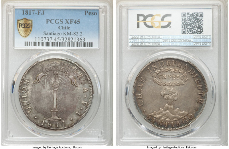 Republic "Volcano" Peso 1817 SANTIAGO-FJ XF45 PCGS, Santiago mint, KM82.2. First...