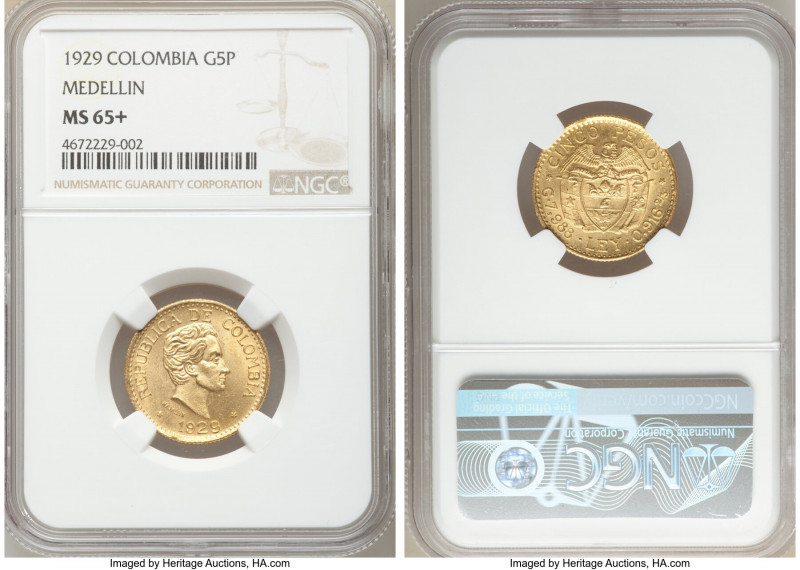 Republic gold 5 Pesos 1929 MS65+ NGC, Medellin mint, KM204. Note plus given for ...