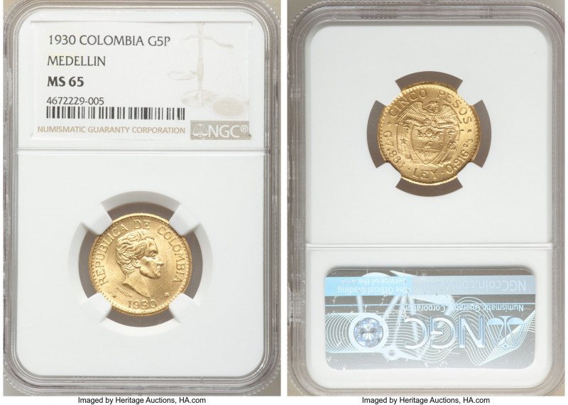 Republic gold 5 Pesos 1930 MS65 NGC, Medellin mint, KM204. Satin surface with fu...