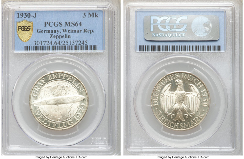 Weimar Republic "Zeppelin" 3 Mark 1930-J MS64 PCGS, Hamburg mint, KM67. Celebrat...