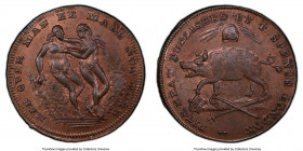 Middlesex. Spence's copper Farthing (1/4 Penny) Token ND (c.1790) MS65 Red and Brown PCGS, D&H-1083. MAN OVER MAN HE MADE NOT LORD Adam and Eve in gar...