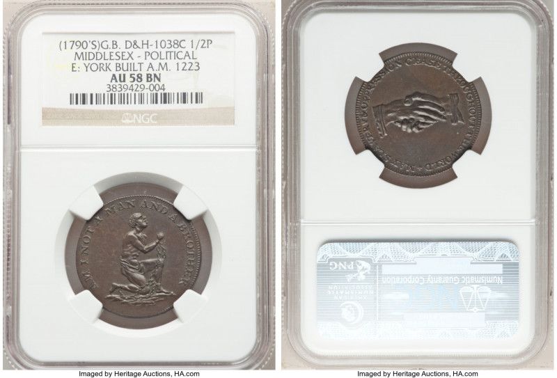 Middlesex copper "Anti-Slavery Society" 1/2 Penny Token ND (1790s) AU58 Brown NG...