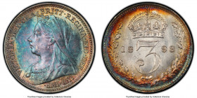 Victoria 3 Pence 1893 MS65 PCGS, KM777, S-3942. Old head. Obverse violet and blue toned with peripheries in yellow and red. 

HID09801242017

© 20...