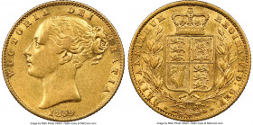 Victoria gold "Ansell" Sovereign 1859 AU58 NGC, KM736.3, S-3852E. Scarce variety, characterized by its extra line in Victoria's rear hairband. 

HID...