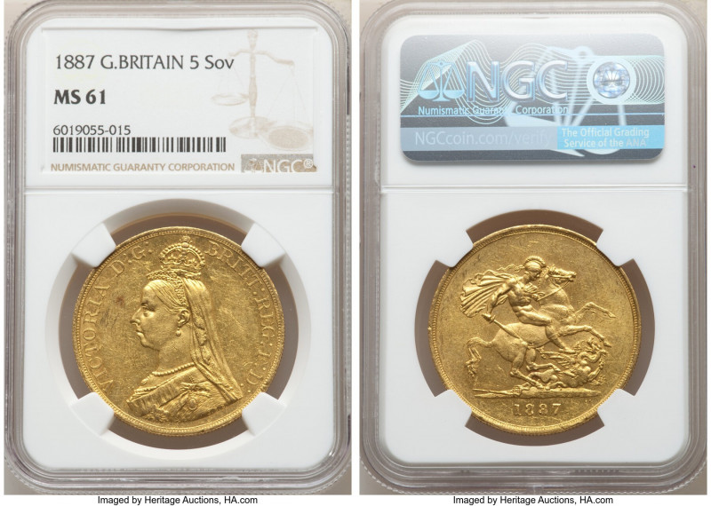 Victoria gold 5 Pounds 1887 MS61 NGC, KM769, S-3864. AGW 1.1775 oz.

HID098012...