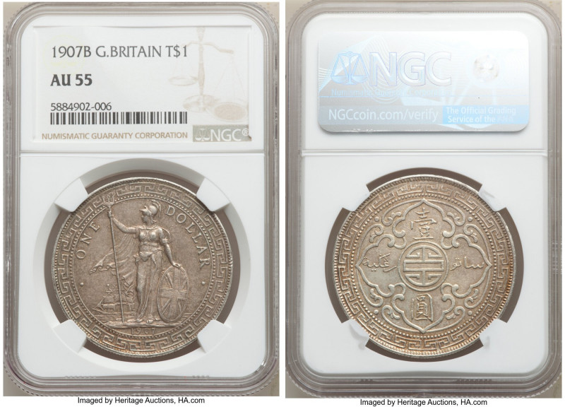 Edward VII Trade Dollar 1907-B AU55 NGC, Bombay mint, KM-T5, Prid-17. 

HID098...