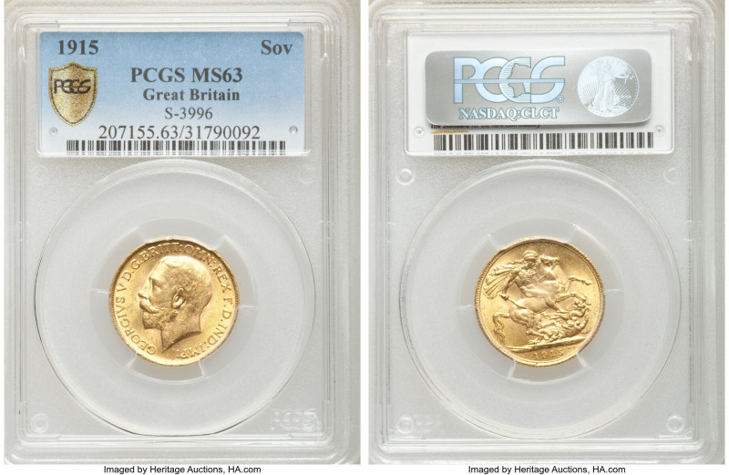 George V gold Sovereign 1915 MS63 PCGS, KM820, S-3996. AGW 0.2355 oz. 

HID098...