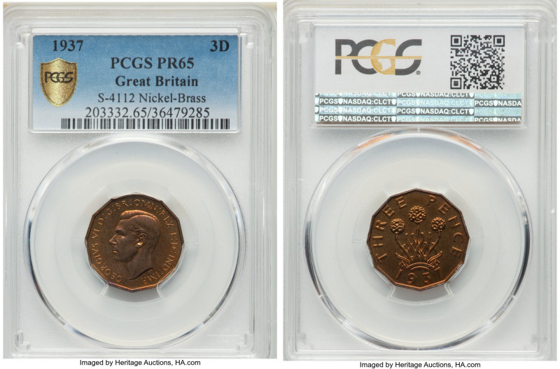 George VI Proof 3 Pence 1937 PR65 PCGS, KM849, S-4112. Nickel-Brass. 

HID0980...