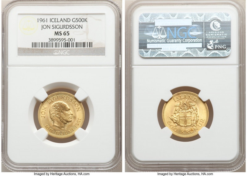 Republic gold "Jon Sigurdsson" 500 Kronur 1961 MS65 NGC, KM14. Mintage: 10,000. ...