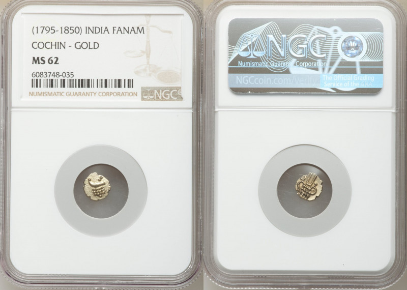 Cochin 10-Piece Lot of Certified gold Fanams ND (1795-1850) MS62 NGC, KM10. Sold...