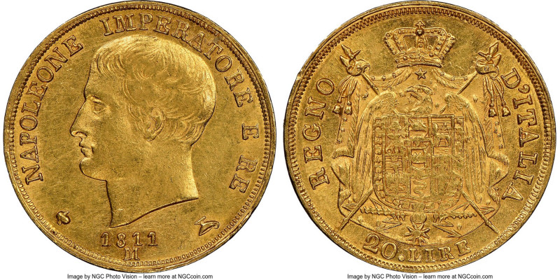 Kingdom of Napoleon. Napoleon gold 20 Lire 1811-M AU58 NGC, Milan mint, KM11.
...