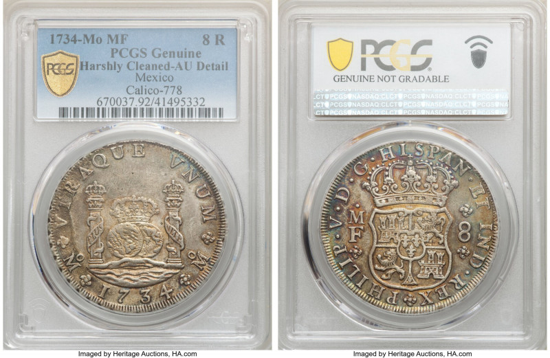 Philip V 8 Reales 1734 Mo-MF AU Details (Harshly Cleaned) PCGS, Mexico City mint...