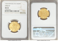 Utrecht. Provincial gold Ducat 1724 MS64 NGC, KM7.4. Well struck knight and plaque, areas of weakness in legends. A pleasing coin with slightly subdue...