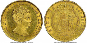 Isabel II gold 80 Reales 1844 B-PS MS63+ NGC, Barcelona mint, KM-A579. De Vellon coinage, large bust variety. Lustrous reflective fields bold portrait...