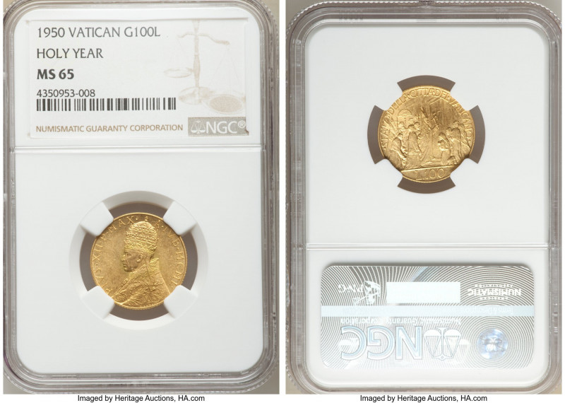 Pius XII gold 100 Lire MCML (1950) MS65 NGC, KM48. Open of the Holy year door is...