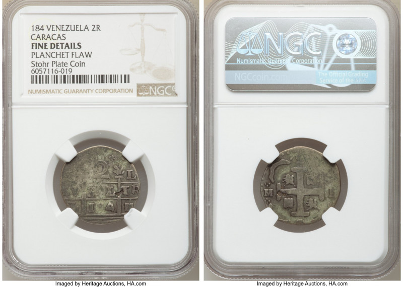 Caracas. Provisional Cob 2 Reales 184 Fine Details (Planchet Flaw) NGC, KM-C13.1...