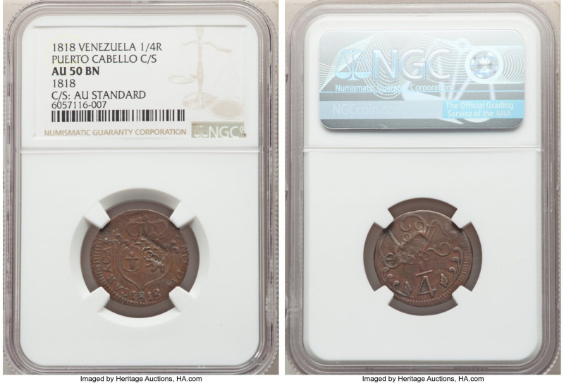 Caracas. Puerto Cabello Counterstamped 1/4 Real 1818 AU50 Brown NGC, KM-C2. C/S:...