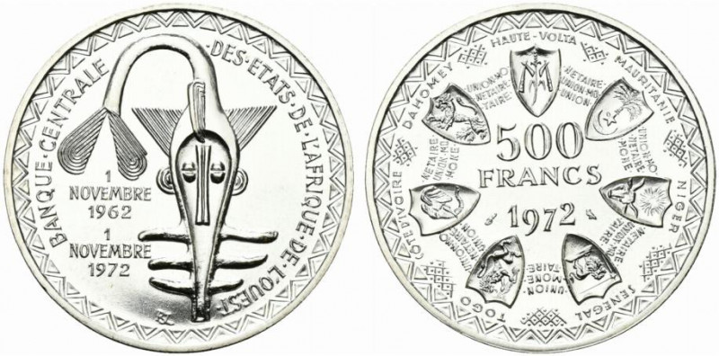 Afrique de l'ouest . AR 500 francs 1972 (37mm, 25,03g). KM 7. FDC