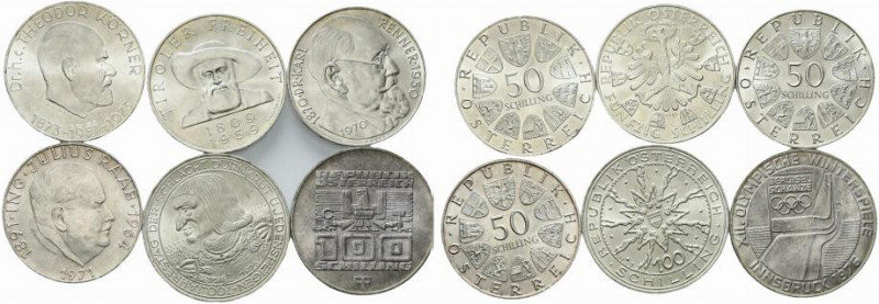 Austria. Lotto di 6 monete in AR. 100 Schilling 1976, 1978, 50 schilling 1959, 1...