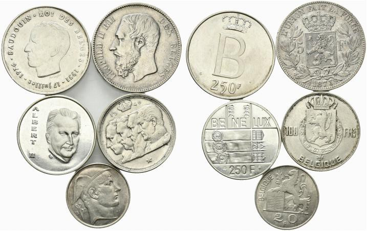 Belgio. Lotto di 5 monete in AR, 5 Francs 1873, 250 francs 1951, 1994, 100 franc...