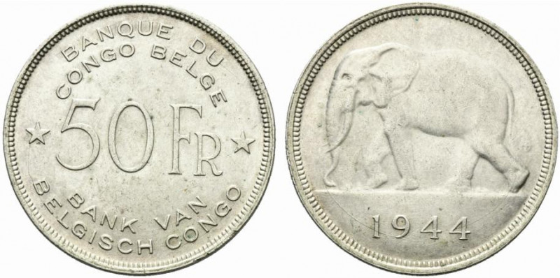 Congo Belga. Leopoldo III (1908-1960) AR 50 Franchi 1944. KM27. SPL