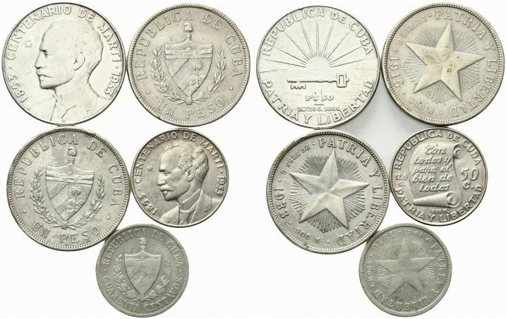 Cuba. Lotto di 5 monete AR Peso 1915, 1933, 1953, 50 cent. 1953, 40 cent. 1916. ...