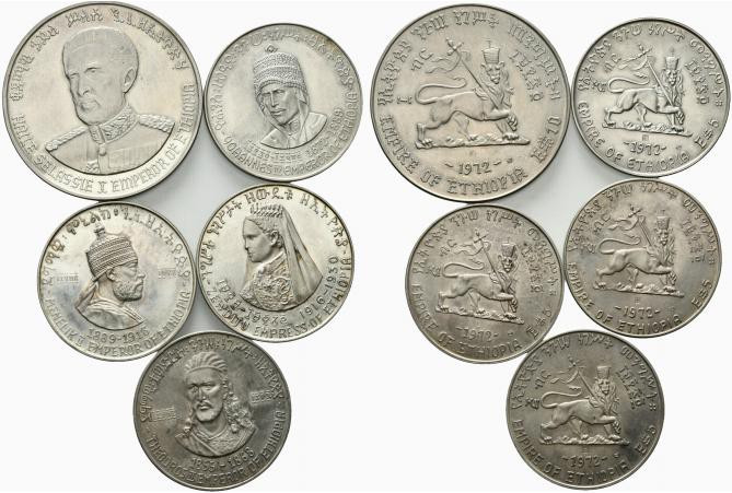 Etiopia. Serie di 5 monete Empire of Ethiopia in AR, 10 dollari 1972, 5 dollari ...