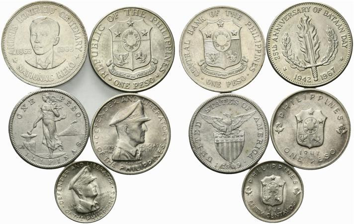 Filippoìine. Lotto di 5 monete in AR. Peso 1909, 1947, 1963, 1967 e 50 cent. 194...