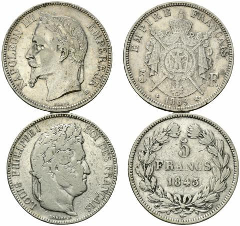 Francia. Napoleone III. AR 5 Franchi 1869 Strasbourg, in lotto con 5 franchi 184...