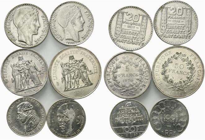Francia Lotto di 6 monete in AR 5 franchi 1876, 20 Franchi 1933 (2), 50 franchi ...