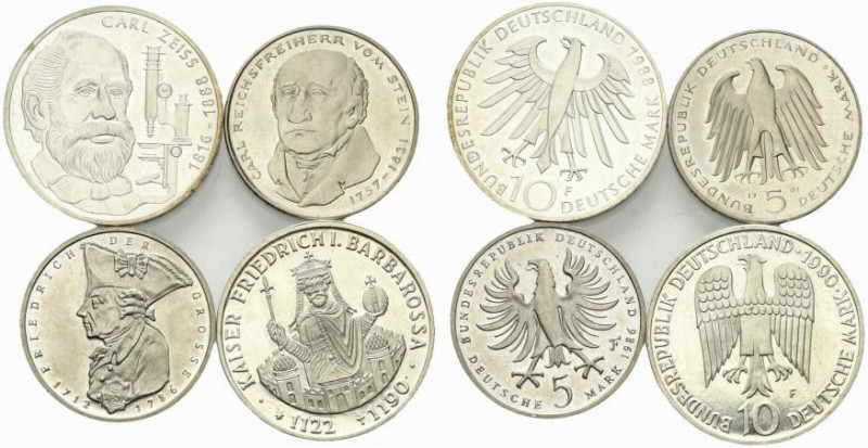 Germania. Lotto di 4 monete AR 10 Mark 1990 Federico Barbarossa, AR 10 Marchi 19...