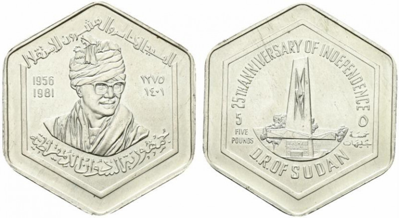 Sudan. AR 5 Pounds, 1981 per il 25 Anniversario dell' Indipndenza. qFDC