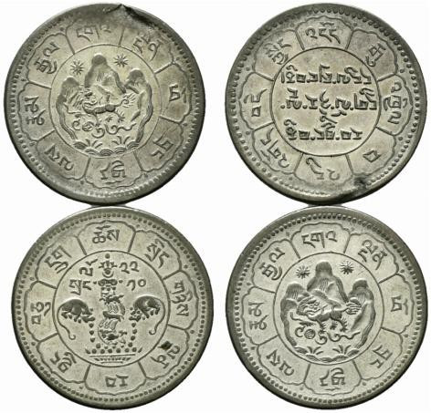 Tibet. Lotto di 2 monete da 10 Srang 1949,1950. qSPL