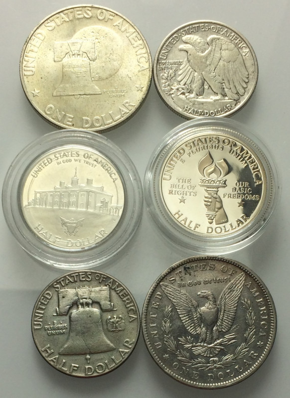 USA. Lotto di 6 monete in AR Dollaro 1889, 1976, ½ dollaro 1942, 1952, 1982, 199...